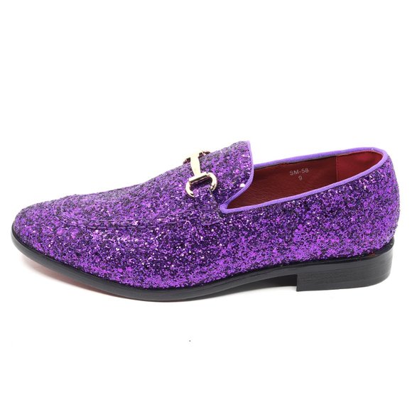 Purple Glitter Men\'s Vintage Designer Classic Smoking Dress Tuxedo Loafers Shoes